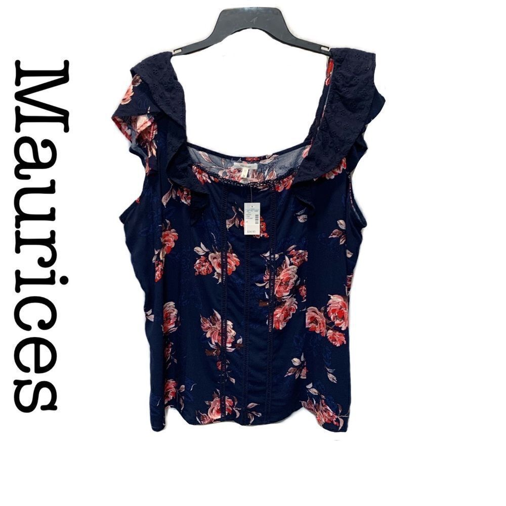 Maurices Navy Floral Ruffle Neck Sleeveless Top